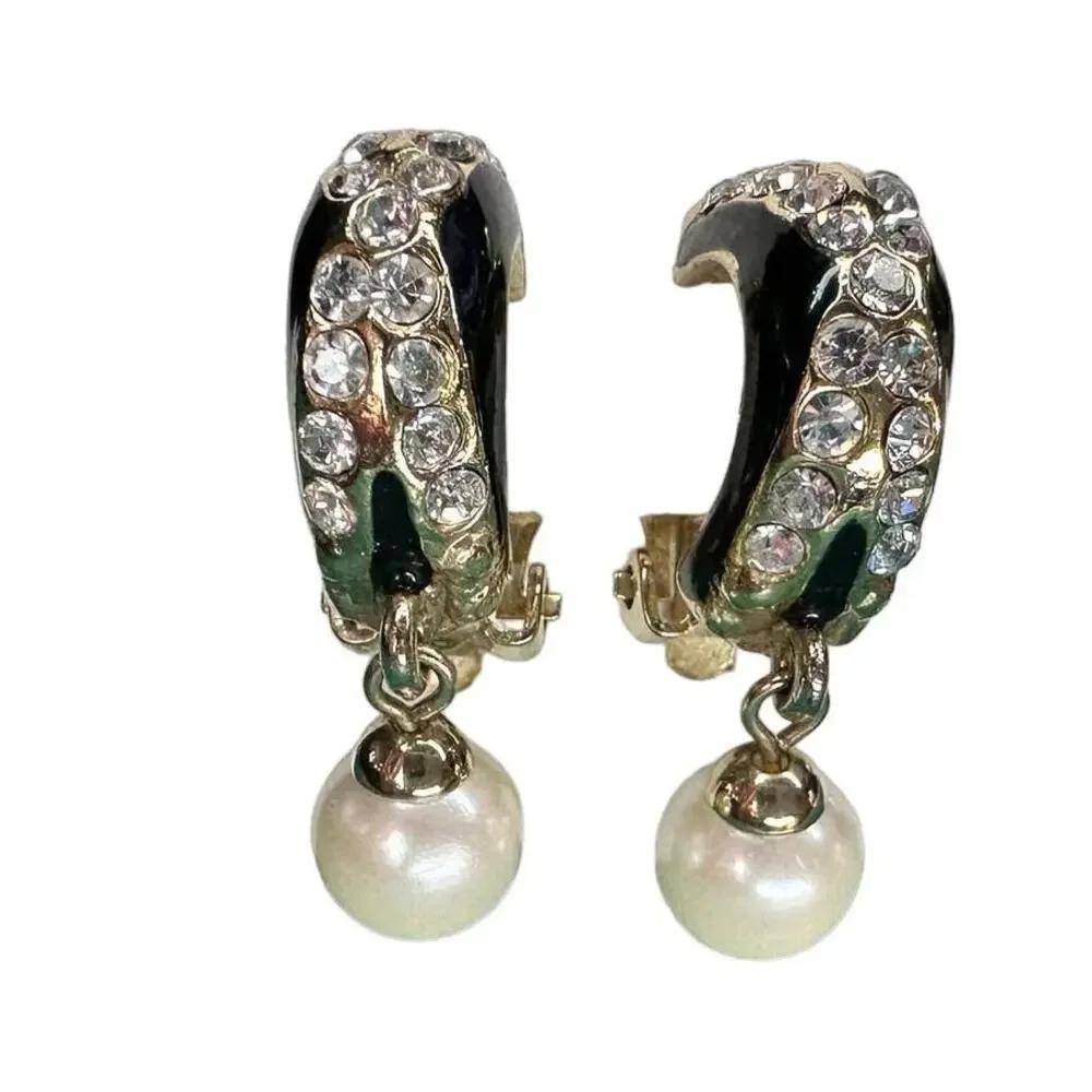 Vintage goldtone, black enamel, rhinestones, and faux pearl clip-on earrings